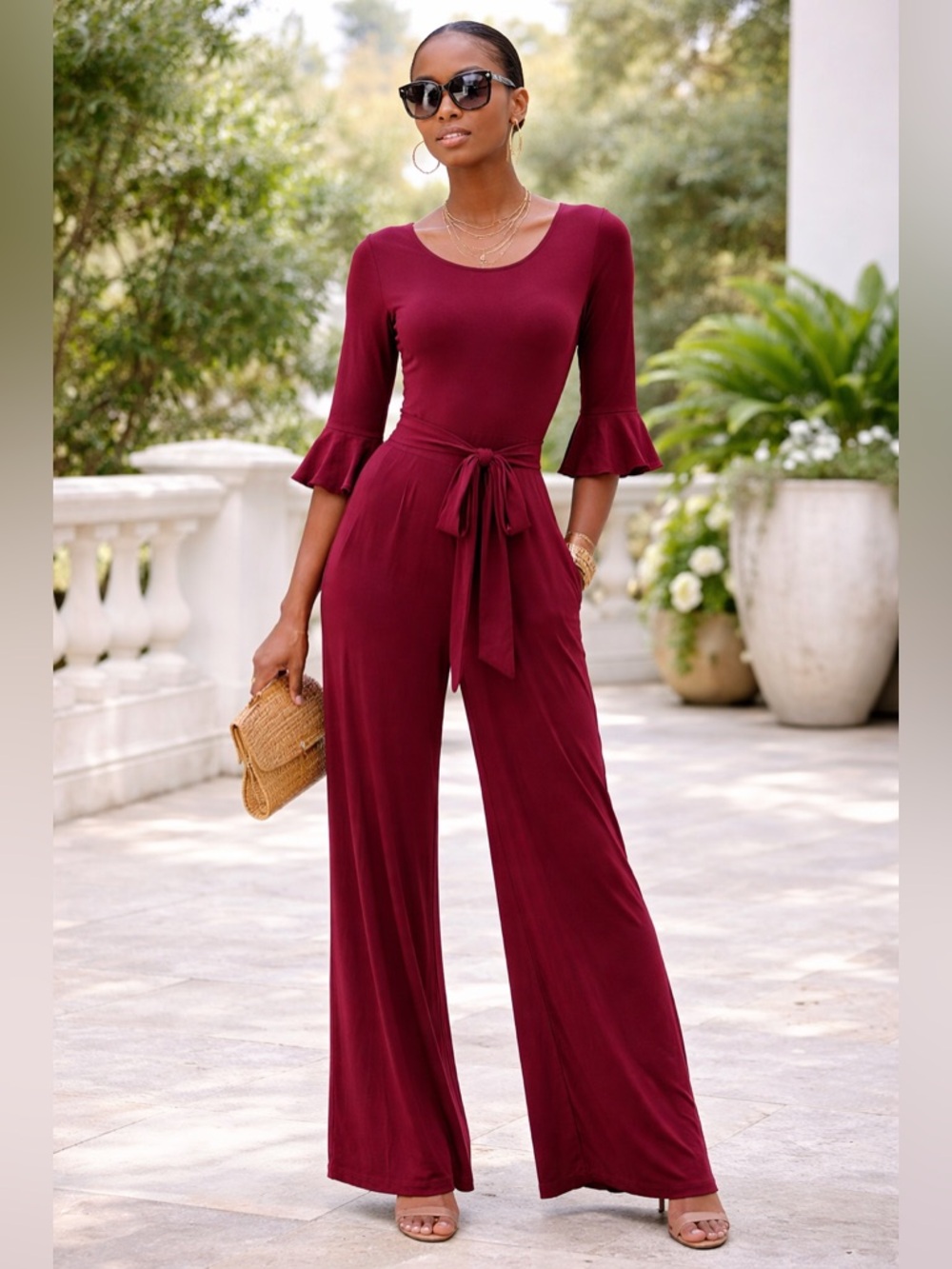 LOFT 324 Maroon Tie Waist Jumpsuit | Bell Sleeve Wide Leg Elegant